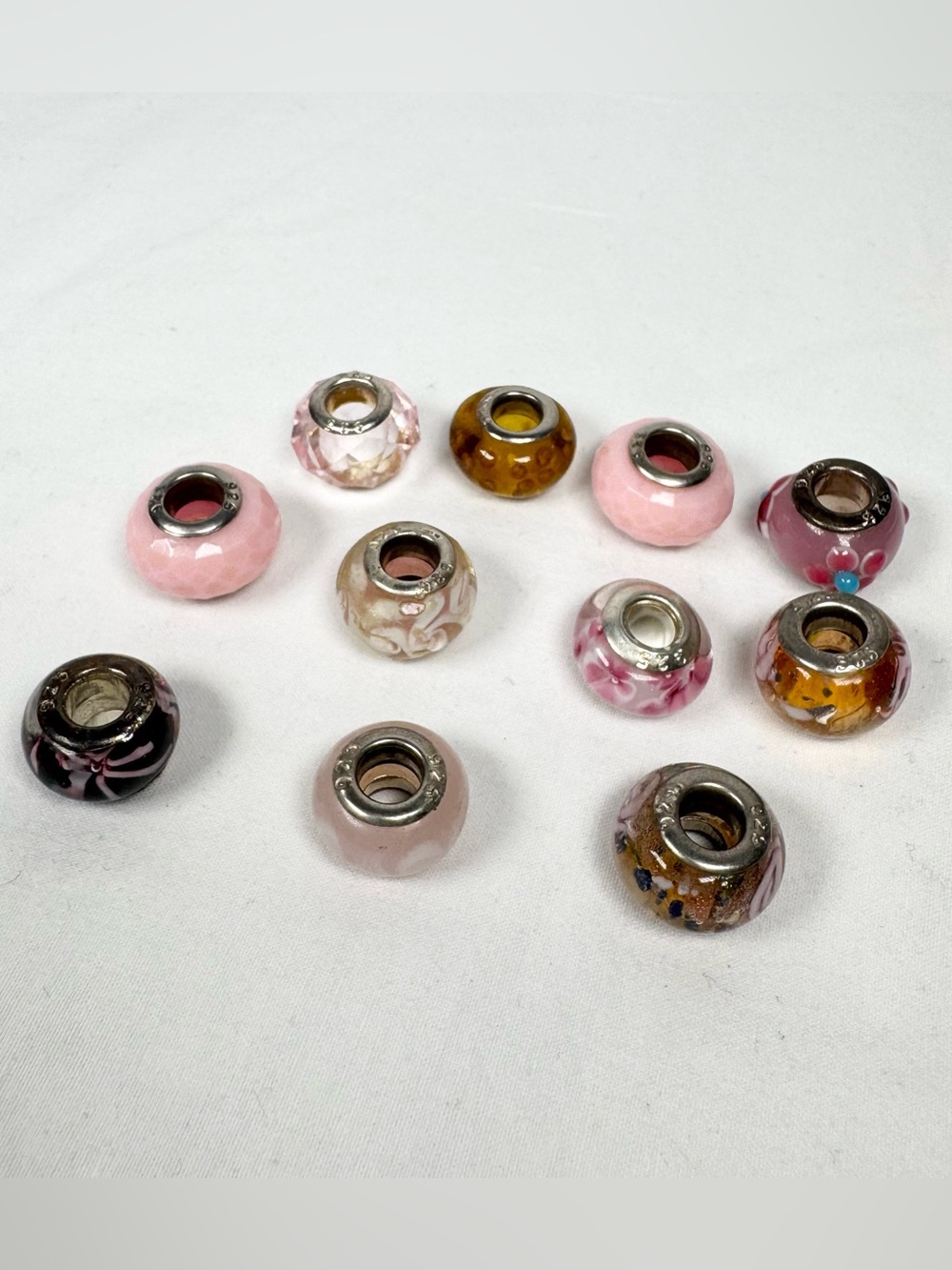Lot of 11 Murano Style Glass Bead Charms & Other Charms, Pink